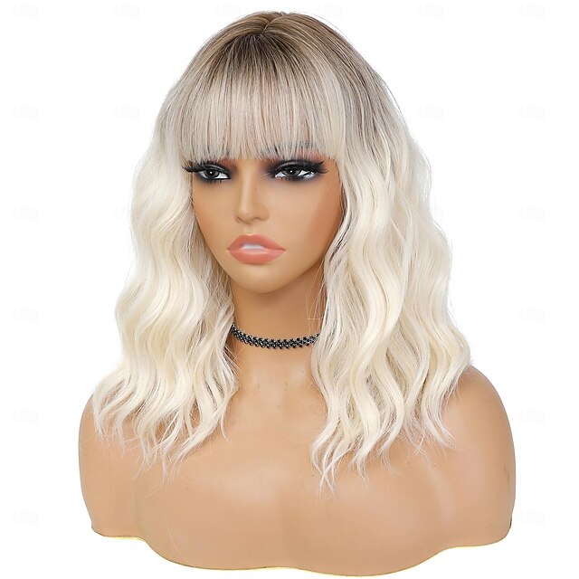  Ombre blond parykk med pannelugg kvinner 14 tommer skulderlengde kort bob bølgete krøllete parykk platina blond parykk varmebestandig syntetiske parykker halloween parykker
