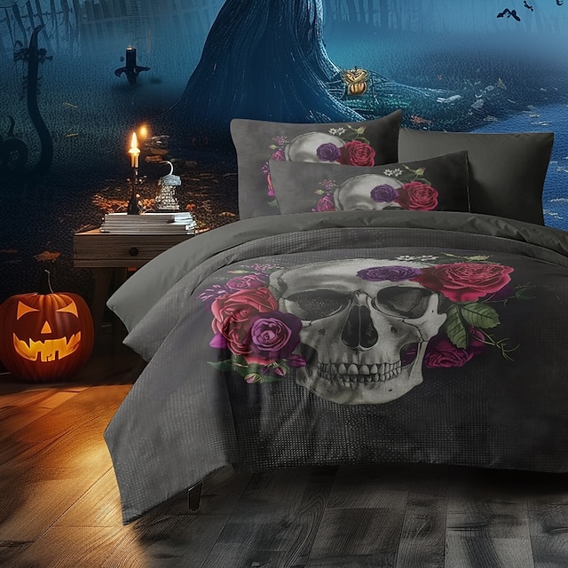  halloween skull pussilakanasetti - pelottava ja tyylikäs kallomuotoilu - sisältää pussilakanan ja tyynyliinat - pehmeä ja mukava kangas - täydellinen lisäämään halloween-tunnelmaa makuuhuoneeseen