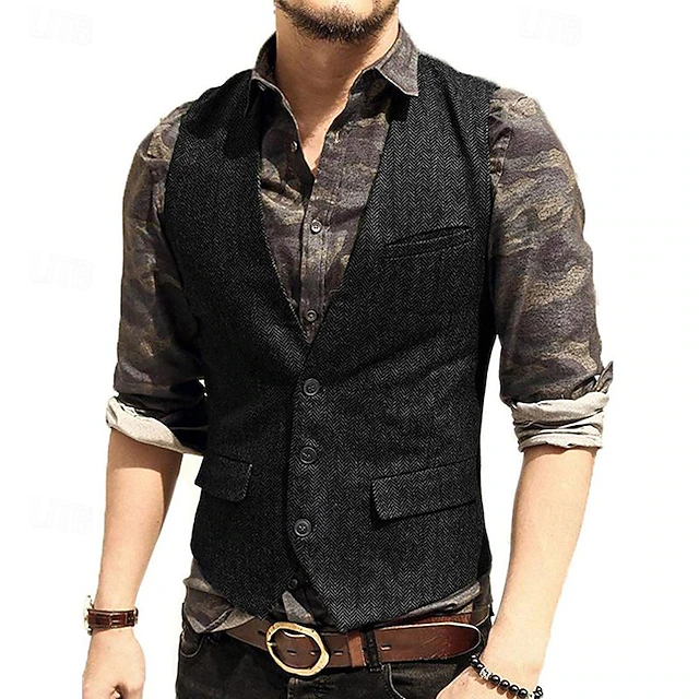 Men's Vest Gilet Wedding Event / Party Daily Fashion Business Spring & Summer Button Pocket Polyester Comfortable Solid Color Single Breasted One-button V Neck Regular Fit Silver Dark Brown Black 5
