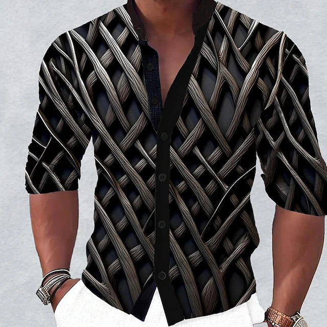 Men's Geometric Pattern Shirt Button Up Shirt Long Sleeve Casual Daily Holiday Summer Spring & Fall Standing Collar Buttons Print Blue Multicolor Purple Brown 7