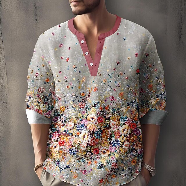 Men's Floral Shirt Button Up Shirt Henley Shirt Long Sleeve Vintage Casual Daily Holiday Summer Spring Fall Collarless V Neck Print Gray4