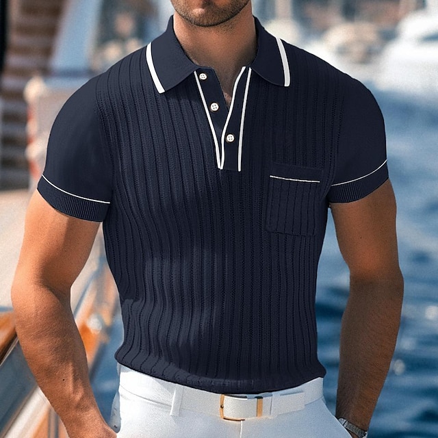 Men's Knit Polo Sweater Pullover Casual Lapel Short Sleeve Beach Old Money Style Lines / Waves Pocket Summer Spring Black Navy Blue Brown Chocolate Knit Polo Sweater