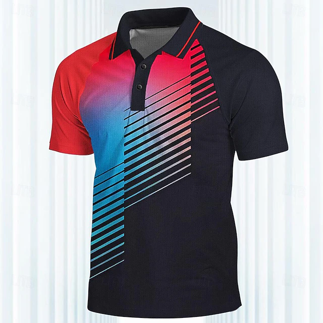 Men's Striped Sports Polo Shirts Golf Shirt Short Sleeve Polo Shirts Collared Shirts Casual Sportswear Vacation Wear 3D Print Buttons Summer Spring Red4