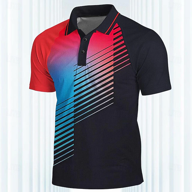 Men's Striped Sports Polo Shirts Golf Shirt Short Sleeve Polo Shirts Collared Shirts Casual Sportswear Vacation Wear 3D Print Buttons Summer Spring Red4