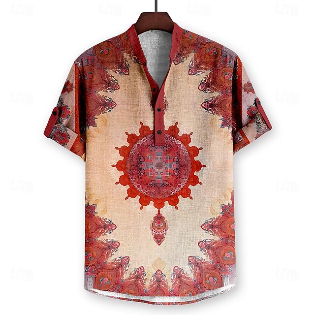 Men's Ethnic Shirt Button Up Shirt Henley Shirt Short Sleeve Vintage Casual Vacation Beach Summer Spring Stand Collar Button Up 3D Print Beige4