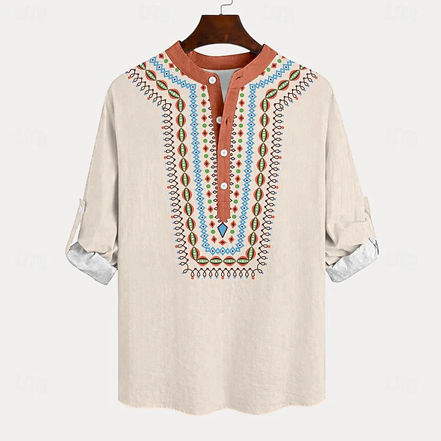 Men's Ethnic Shirt Button Up Shirt Henley Shirt Long Sleeve Vintage Casual Tribal Vacation Daily Beach Summer Winter Spring & Fall Stand Collar Button Up 3D Print Light Blue Beige 5