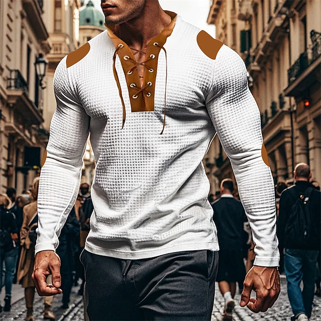Men's Waffle Shirt T Shirt Tee Tee Top Long Sleeve V Neck Spring & Fall Color Block Fashion Designer Basic Drawstring Vacation Street Going out Black White Royal Blue Top Tee for Men 26