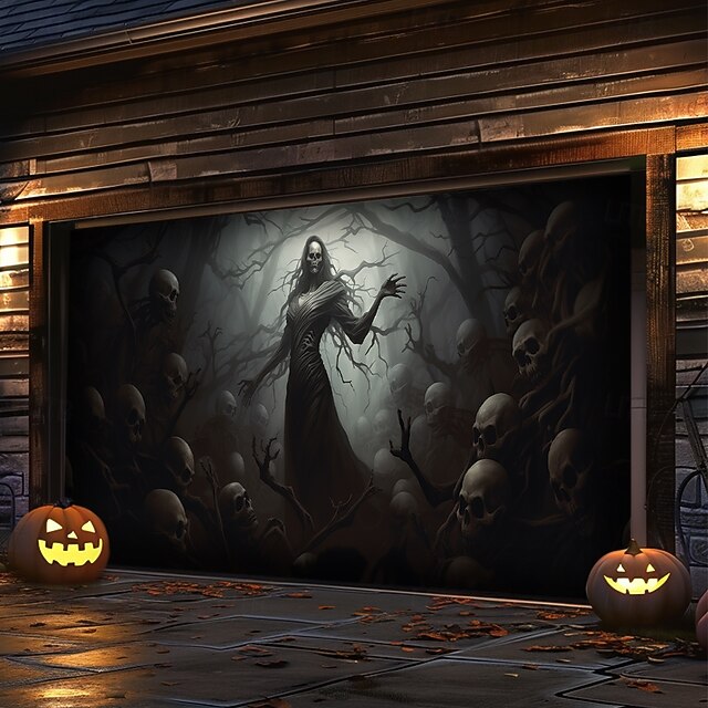 thumbnail image 2 of 13X6 Ft Halloween Garage Door Decoration Background Gray Horror Moon Night Scary Cemetery Skull Photo Background Kids Adult Family Decor Halloween Party Banner Cover 2 of 12