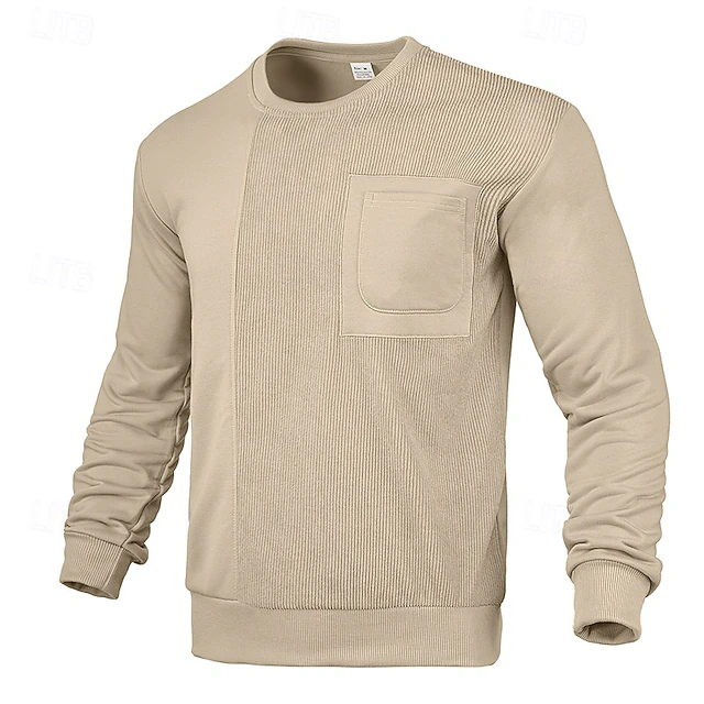 Men's Sweatshirt Black White Khaki Dark Gray Crew Neck Plain Patchwork Ribbed Front Pocket Sports & Outdoor Daily Holiday Polyester Corduroy Streetwear Basic Casual Fall & Winter Clothing Apparel 19