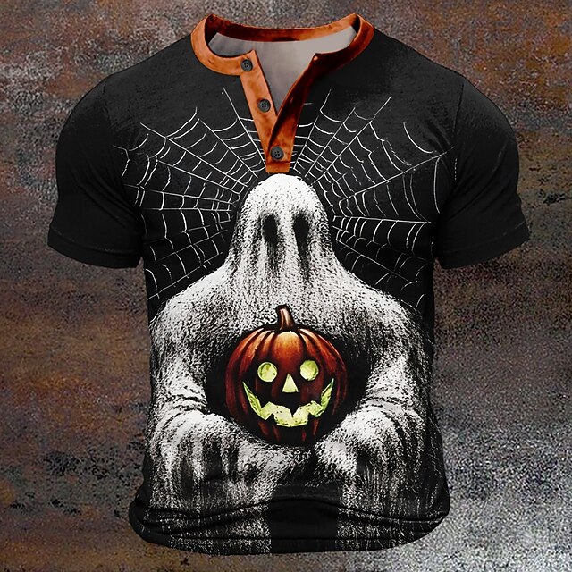Halloween Men's Pumpkin Reaper Boo T Shirt Henley Shirt Short Sleeve T shirt 3D Print Henley Shirt Designer Retro Vintage Street Casual Daily Black Summer Spring Clothing Apparel S M L XL XXL XXXL4
