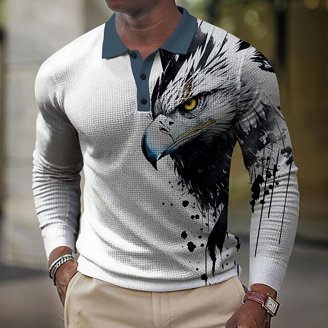 Men's Eagle Waffle Polo Shirts Golf Shirt Long Sleeve Polo Shirts Collared Shirts Casual Funny Streetwear Vacation Wear Party Outfits Buttons 3D Print Spring Fall & Winter White4