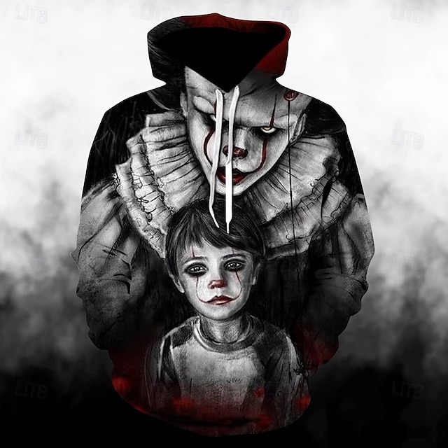  Art the Clown Huppari Cartoon Manga Anime 3D Edessä tasku Kuvitettu Kengurutasku Käyttötarkoitus Pariskuntien Miesten Naisten Aikuisten Halloween Karnevaali Naamiaiset 3D-tulostus Rento / arki