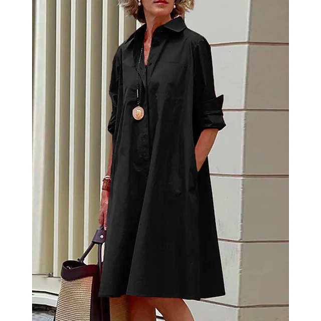Women's Shirt Dress Casual Dress Shift Dress Pure Color Button Up Pocket Shirt Collar Midi Dress Casual Daily Long Sleeve Summer Spring 14