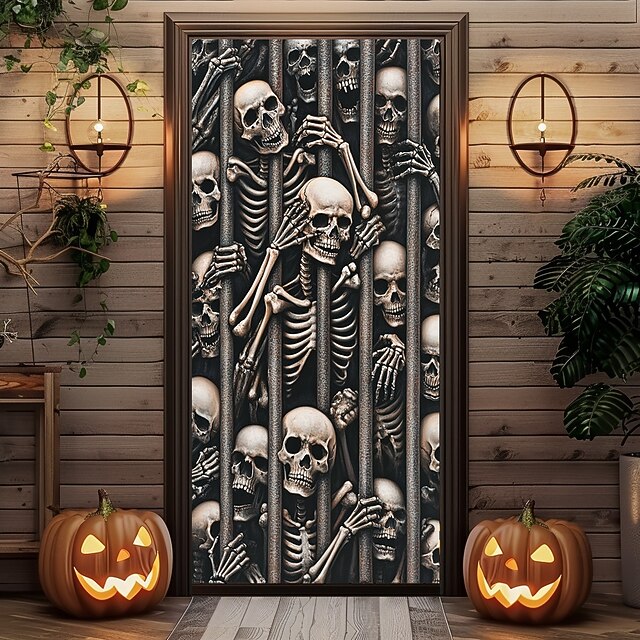 Halloween Skeletons Door Covers Door Tapestry Door Curtain Decoration Backdrop Door Banner for Front Door Farmhouse Holiday Party Decor Supplies 10