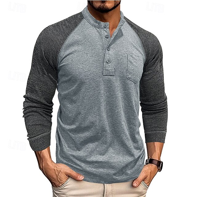  Herren T-Shirt mit Knöpfen T Shirt Henley Hemd T-Shirt Langarm Henley Frühling & Herbst Farbblock Mode Designer Basic Patchwork Urlaub Straße Ausgehen Königliches Blau Blau Armeegrün Top T-Shirt für