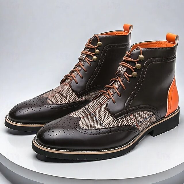 Men's Faux Leather and Plaid Brogue Boots, Vintage Style Lace-Up Ankle Boots with Wingtip Detailing for Formal and Casual Wear 13