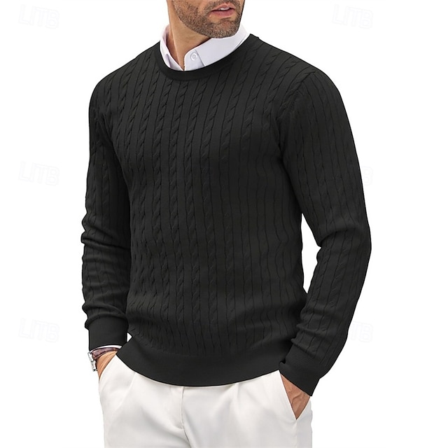  Men's Irish Pullover Sweater Jumper Knit Sweater Ribbed Cable Knit Regular Tops Knitted Plain Crew Neck Fashion Basic Vacation Daily Wear Clothing Apparel Fall & Winter Black