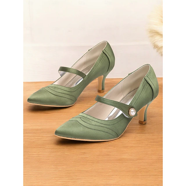 Green Mary Jane Satin Heels with Pearl Button - Elegant Women's Dress Shoes for Formal Events and Office Wear 11