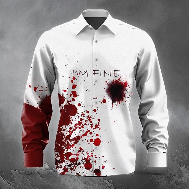 Men's Blood Splatter Blood stains Halloween Costumes Button Up Shirt Long Sleeve Horror Party Evening Wear Fall Winter Spring & Summer Shirt Collar 3D Print Red4