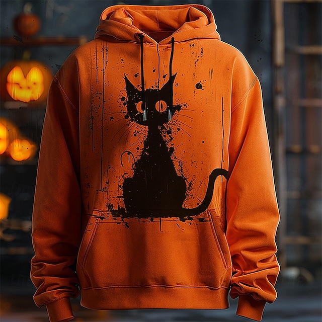  Katt Pumpa Herr Mode 3D-tryck Huvtröja Halloween Huvtröjor Orange Huva Ficka 3D-utskrift Höst Vinter Designer Hoodie Sweatshirt
