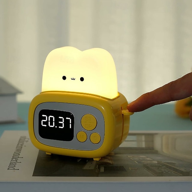 Horloge à pain grillé, lampe de nuit à LED mignonne avec réveil de table à intensité variable USB pour enfants, lumière douce
