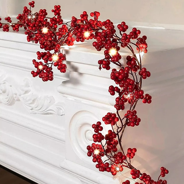  Guirlande lumineuse de Noël en forme de canne à fruits rouges, 1,9 m, 20 LED, alimentée par batterie, pour Noël, Nouvel An, fête, mariage, maison, jardin, balcon, décoration