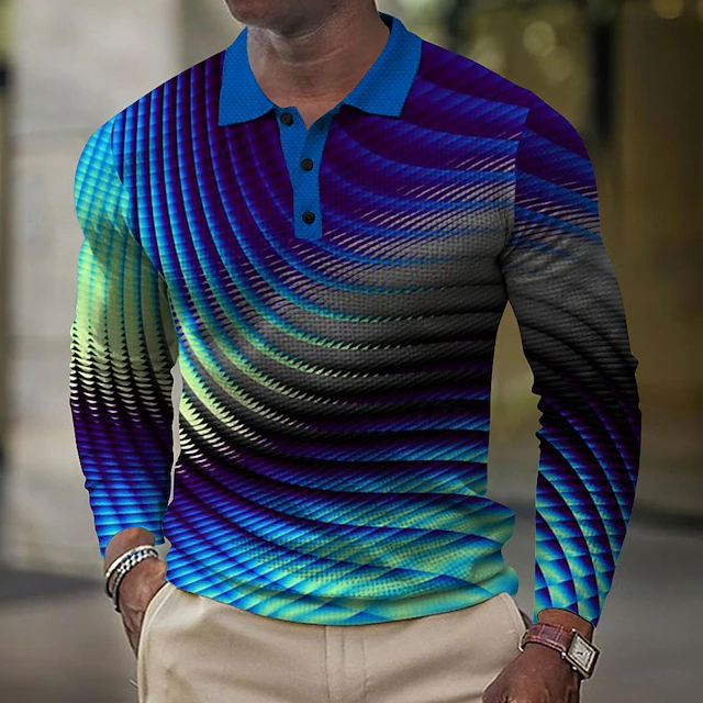 Men's Waffle Polo Shirts Golf Shirt Long Sleeve Polo Shirts Collared Shirts Business Casual Vacation Wear Formal Wear Festival Wear Buttons 3D Print Summer Blue4