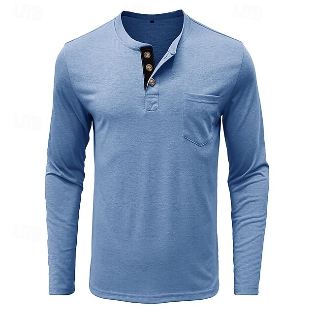 Men’s Long Sleeve Henley T-Shirt with Button Placket – Plain One-Piece Top main image 1
