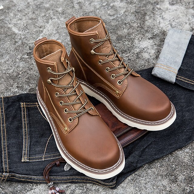 Men's Brown Leather Work Boots with LaceUp Closure and White Sole