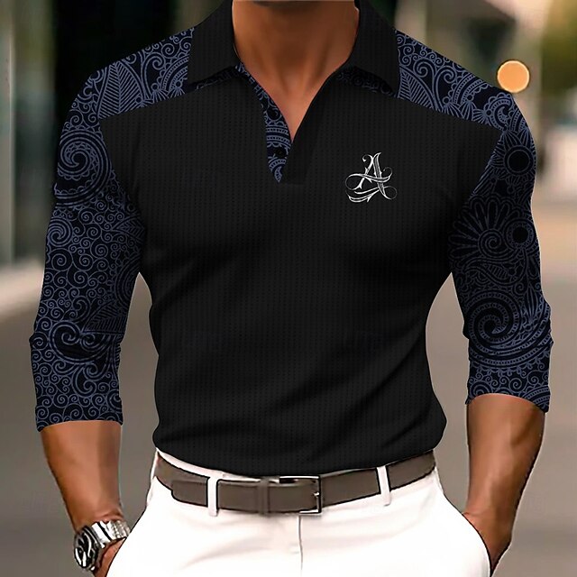  Voor heren Paisley Wafel Poloshirts Golfshirt Lange mouw Poloshirt Overhemden met kraag Zakelijk informeel Werk Kleding Formele kleding Festivalkleding Knop 3D-afdrukken Lente zomer Zwart blauw Oranje