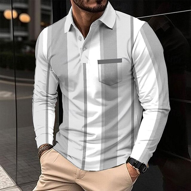 Men's Striped Golf Polo Shirts Long Sleeve Polo Shirts Collar Business Casual Street Daily Weekend 3D Print Buttons Summer Spring White4