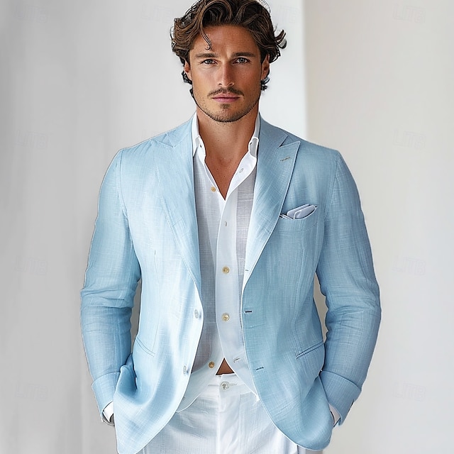 Herre Blazer jakke Bryllup jubileum Fest Sommer Vår 100% Lin Lin Helfarge Enkelt Brystet Enn-knapp Blazer Navyblå Blå Beige
