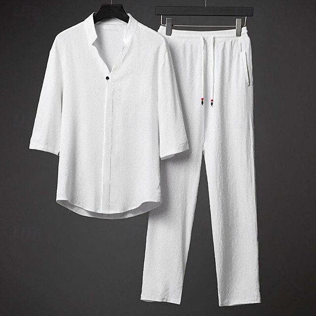  Voor heren Overhemd met bandkraag 2-delig Overhemdset Zomerset Bijpassende sets Strand Kleding Zwart Wit Grijs Halve mouw Effen Kraag Buiten Straat Trekkoord Kleding Polyester Comfortabel Ruimvallend
