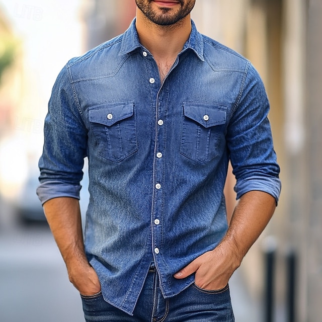  Per uomo Camicia Camicia in chambray Camicia in calicò Maglietta informale Camicia con bottoni Camicia di jeans Blu denim Nero Blu marino Azzurro Manica lunga Liscio Colletto Da mare Giornaliero