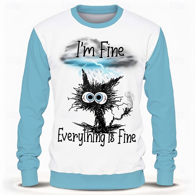 Men's Long Sleeve Graphic Sweatshirt, Funny 'I'm Fine Everything is Fine' Stressed Cat Sarcastic Humor Pullover4