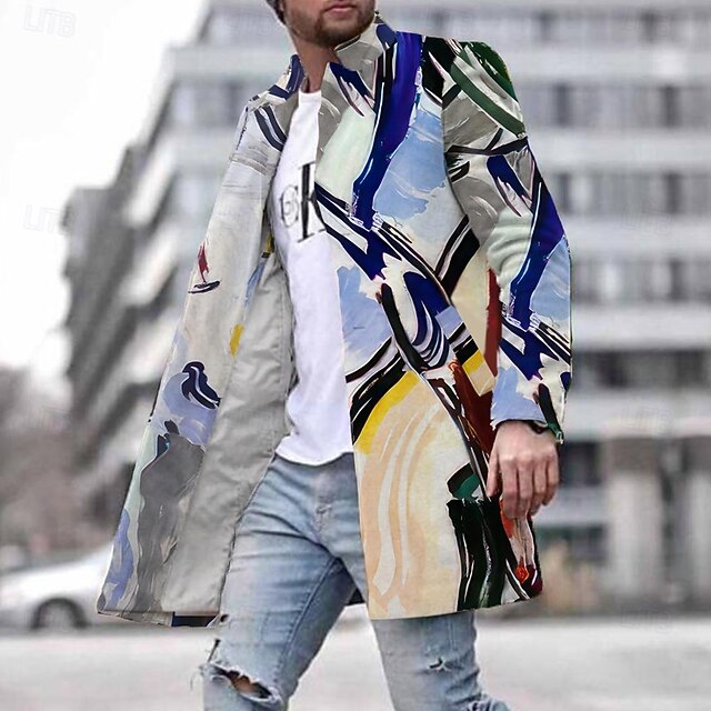 Men's Oil Painting Winter Coat Overcoat Coat With Pockets Casual Vacation Daily Wear Going out Print Front Pocket Fall & Winter Turndown Long Sleeve Gray4