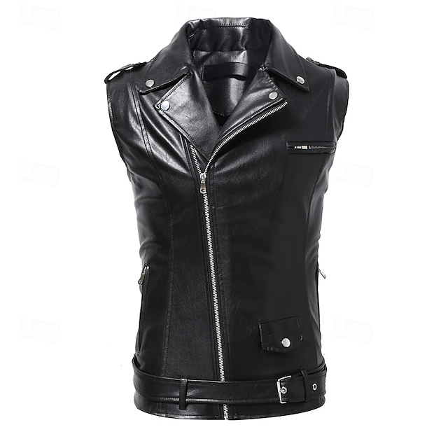 Men's Vest Gilet Leather Vest Daily Date Vacation Fashion Casual Spring & Fall Button Pocket Polyester Comfortable Plain Zipper Lapel Regular Fit Black Vest 8