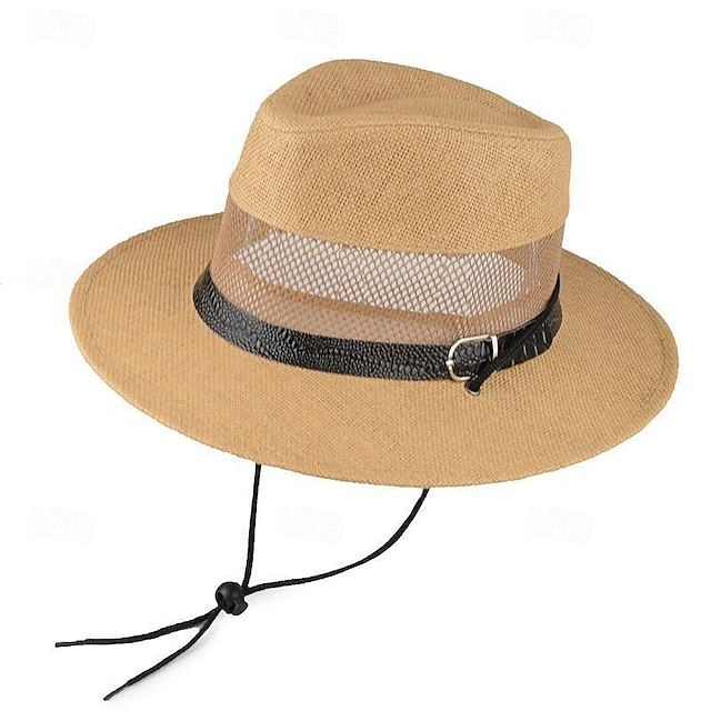 Men's Straw Hat Sun Hat Wild Brim Hat khaki Beige Linen Mesh Fashion Casual Street Daily Solid Color Adjustable Sunscreen Breathable 9
