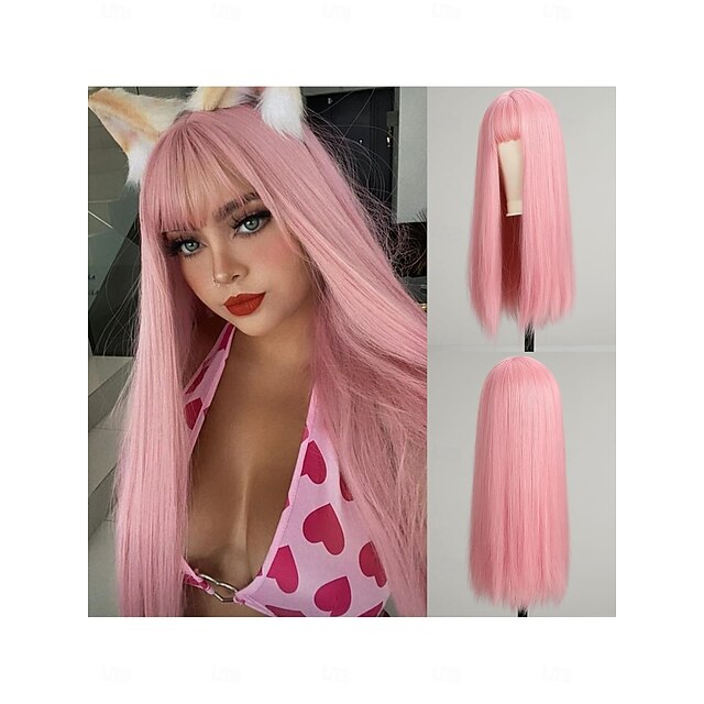 Synthetic Wig Straight Neat Bang Wig 16 inch Pink+Red Synthetic Hair Women's Pink4
