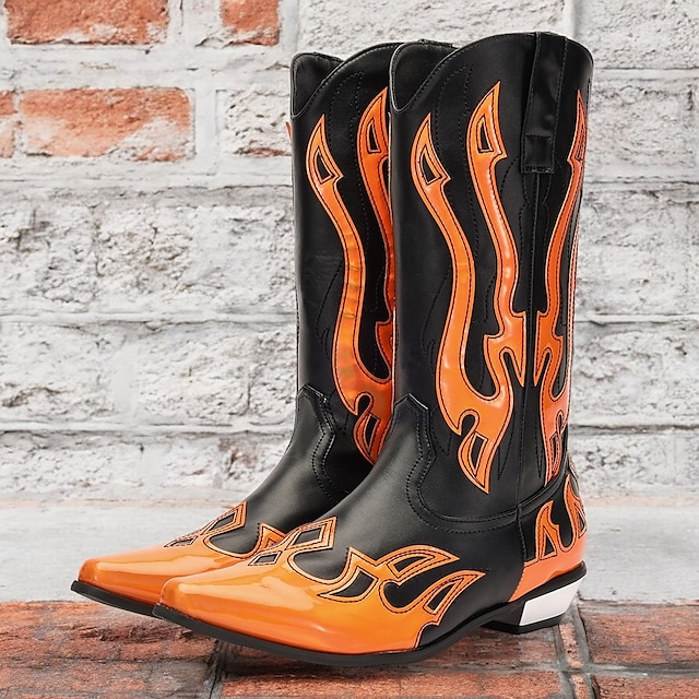  Men's Black and Orange Mid-Calf Western Cowboy Boots - Bold Flame Design with High-Gloss Finish for Rodeo and Fashion Wear