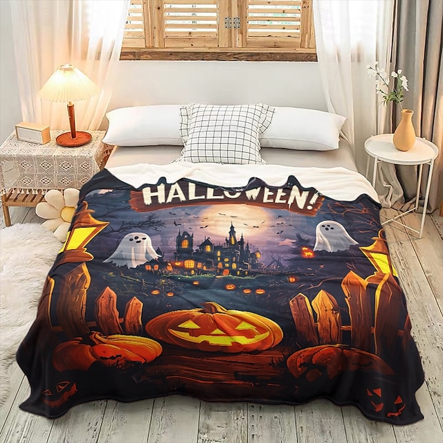  coperta con decorazione di Halloween a forma di zucca di Jack O' Lantern - pile morbido e accogliente con motivo a zucca festivo - perfetto per decorazioni di Halloween e per tenersi al caldo