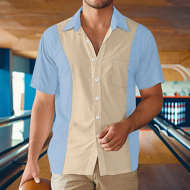 Men's Shirt Summer Shirt Beach Wear Casual Shirt Bowling Shirt Button Up Shirt Black Wine Blue Green Gray Short Sleeve Color Block Lapel Vacation Daily Front Pocket Clothing Apparel Cotton Fashion 10