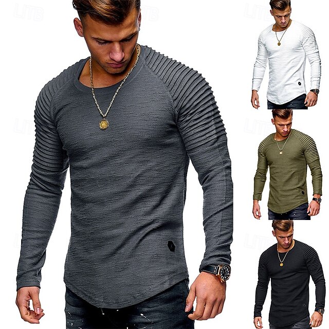  Men's T Shirt Tee Tee Top Long Sleeve Shirt Long Sleeve Crew Neck Spring &  Fall Plain Slim Pleated Fashion Designer Basic Patchwork Vacation Street Going out Black White Army Green Top Tee for Men