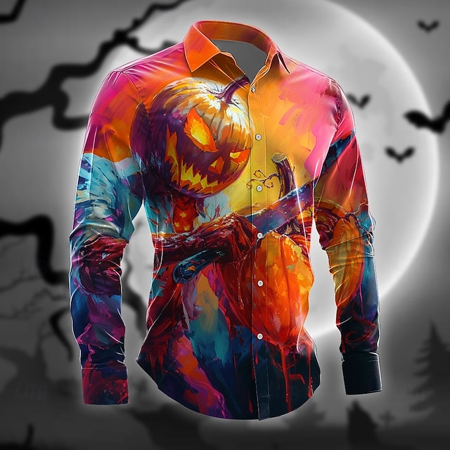  Halloween Dovleac Groază Bărbați Camașă cu nasturi Manșon Lung Petrecere / Seară Toamnă Iarnă Primavara vara Guler Cămașă Imprimare 3D Subțire Portocaliu Poliester