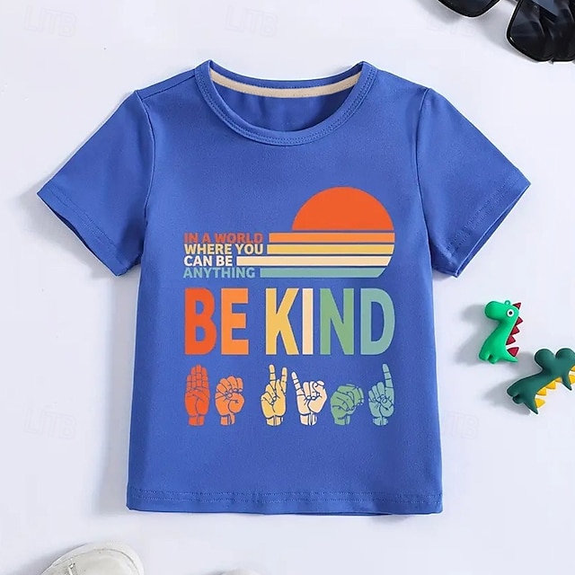  100 % bomuld Børn Drenge Hvid Blå hænder Breve T-shirt Toppe Rund hals Kortærmet Afslappet Dagligdagstøj Ferierejse Mode Sport Trykt mønster Sommer