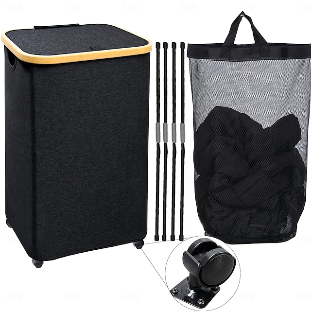  Panier à linge mince de 75 litres avec roulettes, panier à linge pour le linge, panier à linge avec couvercle &sac intérieur, pour l'organisation de la buanderie, de la chambre à coucher, du dortoir