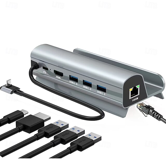  Estación de acoplamiento hub usb-c 6 en 1, base de vapor, lan, hdmi, compatible con 4k hdmi, gigabit ethernet, 60w, pd, puertos usb 3,0
