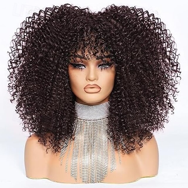  peruca cacheada com franja perucas afro cacheadas para mulheres negras peruca afro crespa fibra sintética sem cola peruca longa cacheada cheia e fofa para mulheres da moda