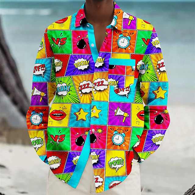 Men's Beach Shirt Summer Hawaiian Shirt Button Up Shirt Long Sleeve Shirt Collared Shirts Hawaiian Vacation Daily Multi Color S M L4