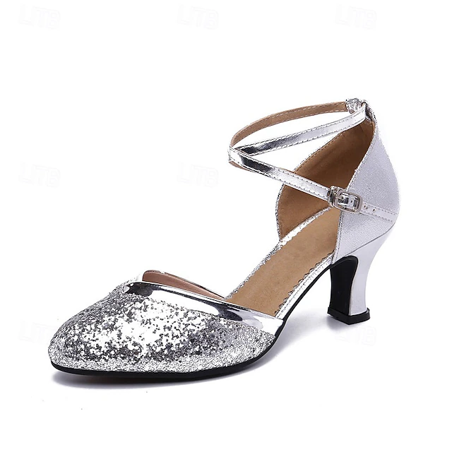 Women's Silver Glitter Satin Dance Shoes with Cross-Strap Design, Perfect Heels for Ballroom and Latin Dancing 7